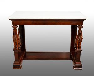 Consolle antica Impero Siciliana in piuma di mogano con piano in marmo bianco statuario. Periodo XIX secolo.