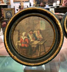 Par de pinturas redondas com cenas populares atribuídas a Paolo Monaldi (Roma, 1710 – após 1779)