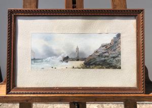 Tempera painting on paper with seascape. France.