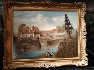 Oil on canvas from 19th century English, depicting a river landscape with figures