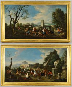 Scuola romana fine secolo XVII inizi secolo XVIII, Scene popolari con antichità romane sullo sfondo, olio su tela