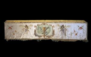 Priestly sacred vestment: silk humeral veil with floral embroidery and a painted scene in the center.