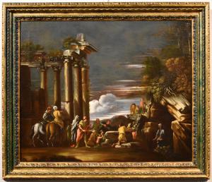 View of classical ruins with the philosopher Pythagoras returning from Hades