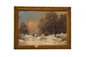 Antique oil on cardboard "Snowy Landscape" - Eastern Europe