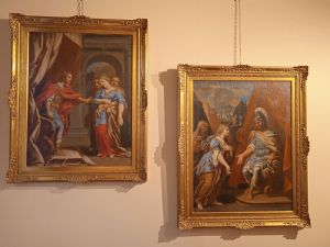 Lorenzo Masucci ( ¿Roma?-- 1785 ) par de pinturas al óleo sobre lienzo "Ester y Asuero y el desmayo de Ester."