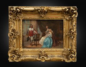 Pintura a óleo antiga sobre tela retratando uma cena de gênero em um ambiente aristocrático. França século XIX.