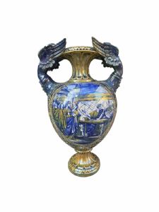 Fabuloso jarrón grande de cerámica lustrada en oro, historiado, firmado MORRONI E TEGA GUALDO TADINO 70 cm.