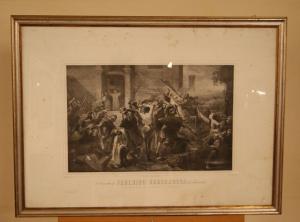 Antiga gravura italiana de 1800 "A expulsão de Frederico Barba Ruiva de Alexandria"