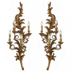 Pair of Large Florentine Louis XV Style Gilded Appliques 1990 Rocaille Carving