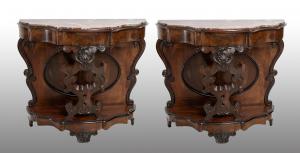 Pair of Neapolitan Louis-Philippe console tables in precious exotic wood with marble tops. 19th century.