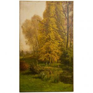 Großes antikes Gemälde Frühlings-/Sommerlandschaft, auch als Schiebetür geeignet - O/7362