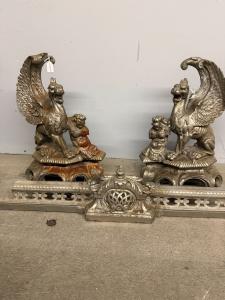Antique pair of fire dogs, France 19th century, 15x71cm, metal, with dragons.