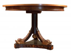 Inlaid extendable round table with dolphin base from the 1800s