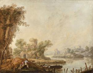 Pintor flamengo da segunda metade do século XVIII, paisagem fluvial com figuras e rebanhos, óleo sobre tela
