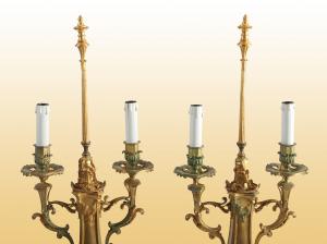 Pair of French gilded bronze candlestick lamps from the 1800s
