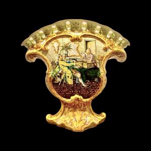 Large majolica tulip vase with 18 flowers, decorated scene with figures, landscape, architecture and rocaille motifs. Minghetti. Bologna.