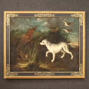 Antico dipinto francese del XVIII secolo paesaggio con cani