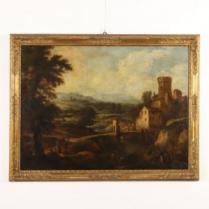 Gemälde Landschaft mit Bach, Mühle und Figuren