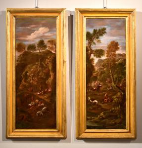 Pendente de pinturas "O ataque dos bandidos" "Após o ataque", Giuseppe Zais (Canale d'Agordo, Belluno 1709 - Treviso 1781)