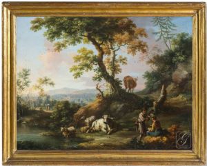 Vittorio Amedeo Cignaroli (Turin 1730 - 1800) - Ländliche Landschaft mit Figuren und Tieren VERKAUFT
