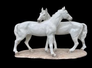 Ceramic sculpture with base depicting a pair of horses. Mollica manufacture. Naples.