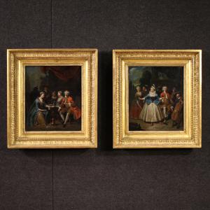 Par de pinturas antigas do século XVIII, cenas galantes