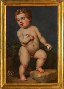 Putto mit weißen Rosen, Öl auf Leinwand geklebt auf Holz, italienische Schule des 18. Jahrhunderts