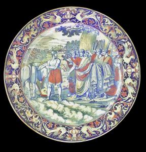Large lustreware majolica plate with historical scene. Santarelli Manufactory. Gualdo Tadino.