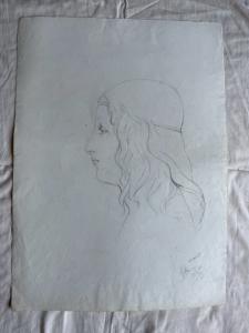 Desenho a lápis sobre papel, perfil de mulher renascentista. Arturo Pietra. Bolonha. Data 1900.