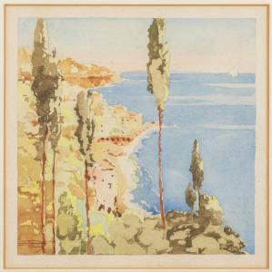 Aurelio Crafonara (1875 1945), Veduta costiera, acquarello firmato in basso a sinistra.