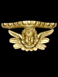 Mensola-applique in legno scolpito e foglia oro con testa di angelo cherubino.Periodo direttorio.
