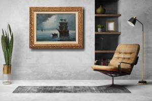 "NOCTURNE WITH SAILING SHIP" - OIL ON CANVAS - 20TH CENTURY