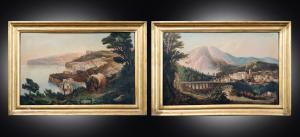 Pair of antique oil on canvas paintings with period frames depicting a view of the Church of San Francesco in Cava de' Tirreni and the Sorrentine coast. Naples, 19th century.