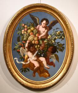 Fruit composition supported by three angels, Roman School of the early 18th century. Attributed to Luigi Garzi (Pistoia 1638 – Rome 1721).