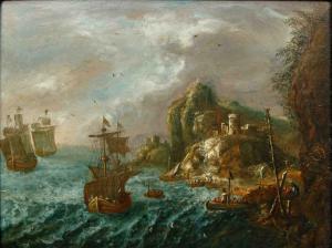 Jan Peeters Il Vecchio (Anversa, 1624 - 1677 ivi.), bottega, Paesaggio costiero con velieri