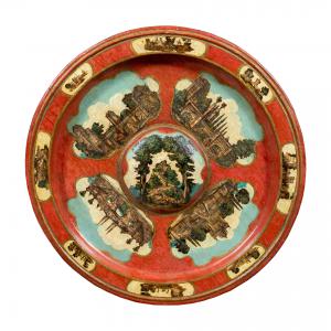 Dekorative Lackholzschale mit Applikationen von "Arte Povera"-Drucken. Turin, 18. Jahrhundert.