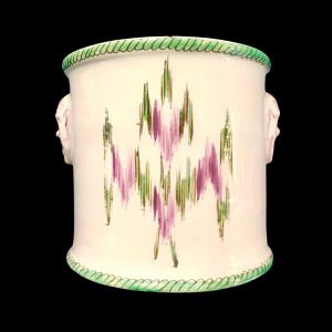 Majolica glass cooler vase with side handles in the shape of masks and 'flame' decoration. Pasquale Rubati. Milan