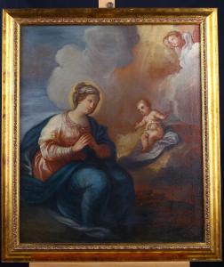 Italienisches Ölgemälde aus dem 18. Jahrhundert, das die "Anbetung" der Madonna mit Jesus darstellt.