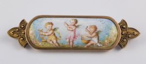 18k gold brooch with enamel painting depicting three cherubs, France, late 19th century