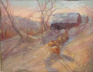 Pintura de inverno com ovelhas