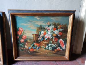 COPPIA NATURE MORTE FIORI E FRUTTA