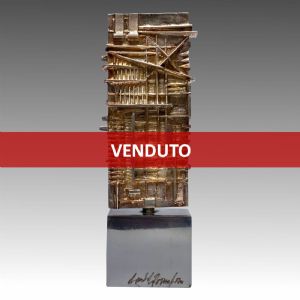 ARNALDO POMODORO, sculpture "STELE", signed in silver-plated bronze, 1977