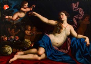 Painting depicting the allegory of beauty by Giacinto Gimignani with the collaboration of the still life by Abraham Brueghel