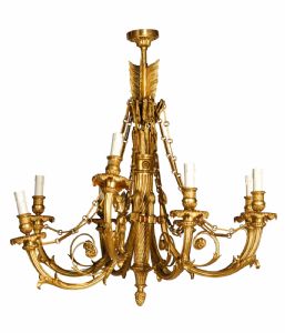 Vergoldeter Bronze-Kronleuchter mit acht Lichtern, Frankreich, Louis XVI-Stil, Ende des 19. Jahrhunderts