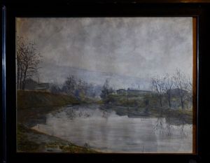 Pittore della cerchia di Otto Modersohn, scuola di Worpswede, Germania 1947, datato e firmato. Paesaggio rurale  lacustre