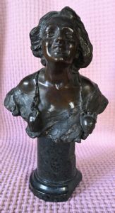 Gabriele Parente - Busto di Donna in Bronzo su Colonna di Marmo - Italia Seconda Metà XIX Secolo
