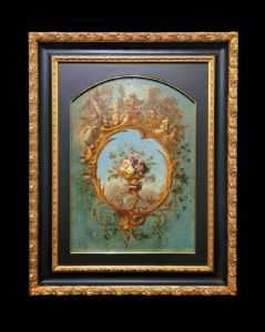 Dipinto ornamentale con vaso di fiori e putti di fine XIX secolo
