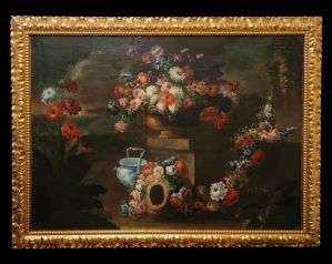 “Grande natura morta con vaso fiorito, ghirlanda di fiori e vaso in porcellana” Cerchia di Gasparo Lopez  (Napoli, 1650 circa – Firenze, 1732)