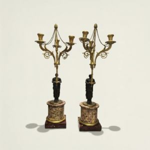 
Coppia di Candelabri Impero in Bronzo Patinato e Dorato