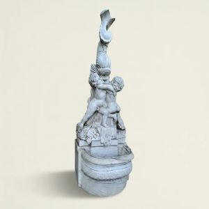 
Fontana da muro in marmo bianco con putti e delfino, XX secolo